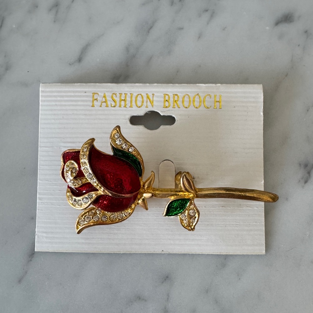 NWT Red Rose Brooch with Gold Accents